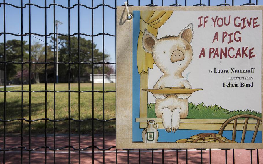 "If You Give a Pig a Pancake," a book by Laura Numeroff, is featured in a story walk at Sagamihara Family Housing Area, Japan. April 17, 2020.