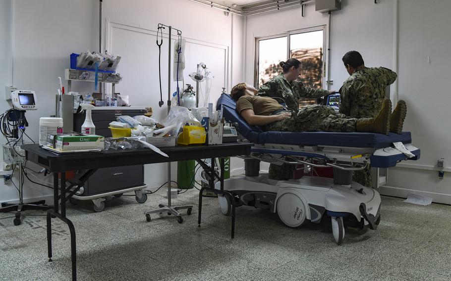 Staff from the COVID-19 Intensive Care Unit demonstrate its medical and equipment capabilities at Camp Lemonnier, Djibouti, April 9, 2020.