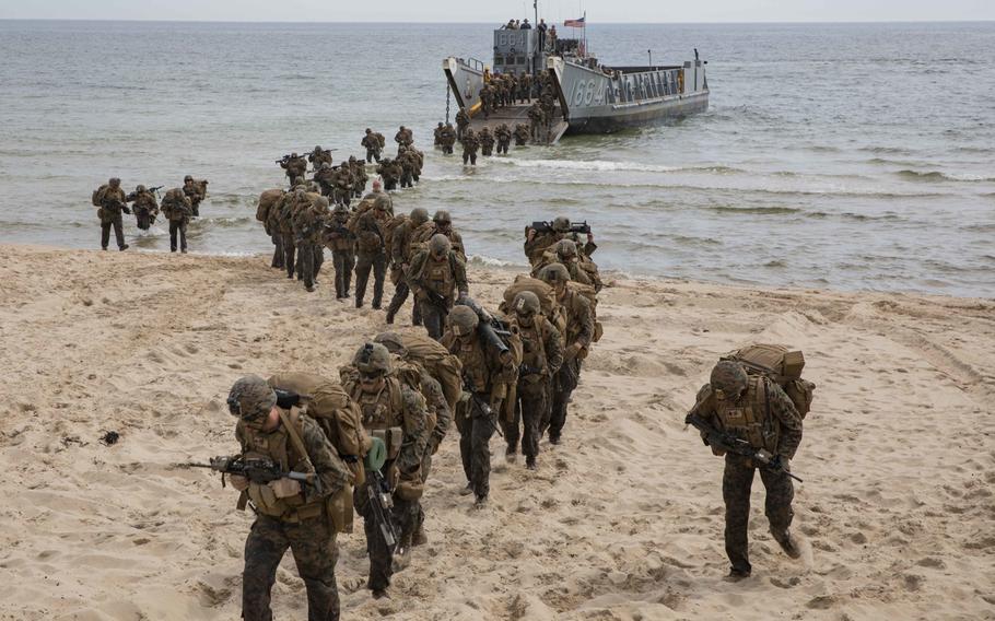 U.S. Marines disembark a landing craft during a tactics exercise in Sweden for Baltic Operations 2019. The U.S. again topped the list of military spenders by a wide margin, accounting for 38% of global military expenditures, a report released Sunday, April 26, 2020 by the Stockholm International Peace Research Institute shows.