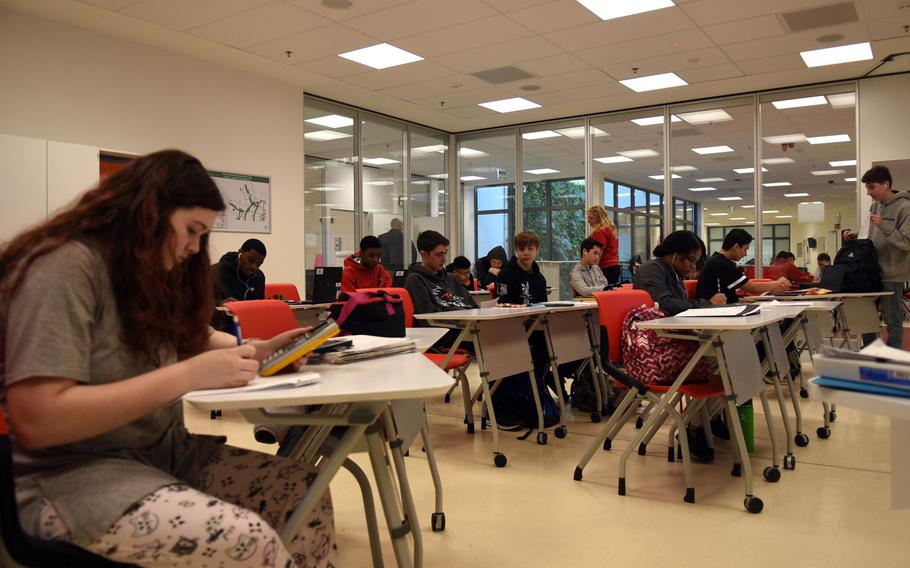 Students in class at Kaiserslautern High School in Germany, Feb. 22, 2019. Department of Defense Education Activity schools in Europe have been closed for more than a month due to the coronavirus pandemic. Officials are determining whether to reopen the schools or continue with digital learning for the rest of the school year.