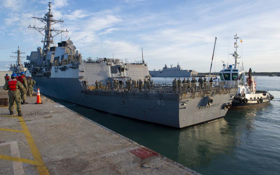 The destroyer USS Roosevelt arrives at Naval Station Rota, Spain, April 19, 2020. Several military projects in Europe are getting canceled or deferred to fund the southern U.S. border wall, including several at Rota.