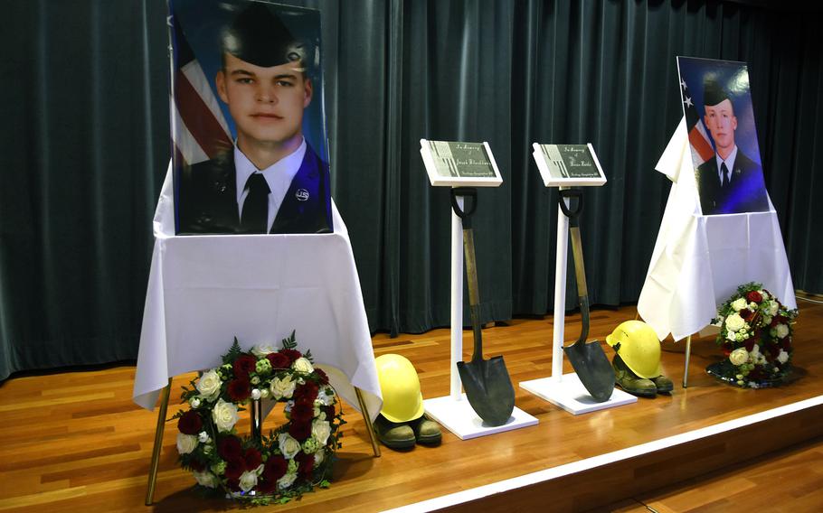 A memorial tribute to Airman 1st Class Jacob A. Blackburn, depicted in the photo at left, and Airman 1st Class Bradley Reese Haile is held at Spangdahlem Air Base, Germany, on Oct. 22, 2019. Speed appears to have been a factor in the crash that killed the two airmen last fall, base officials said in a statement on Wednesday, April 29, 2020, citing an accident investigation report.