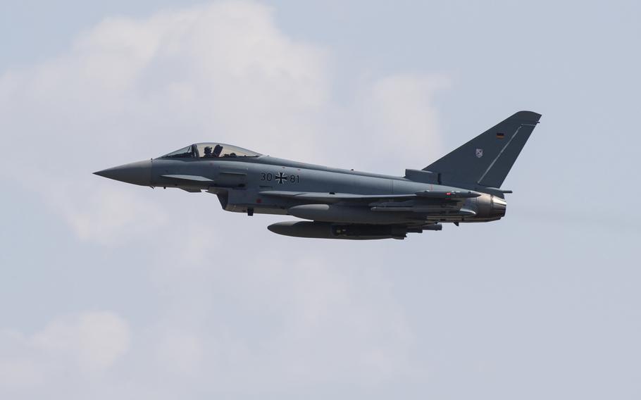 A German Eurofighter Typhoon assigned to Tactical Air Wing 31, Norvenich Air Base, Germany, flies over Spangdahlem Air Base, Germany, April 7, 2020. Loud booms heard across the state of Rheinland-Pfalz beginning Thursday were German Eurofighters breaking the sound barrier during training flights.