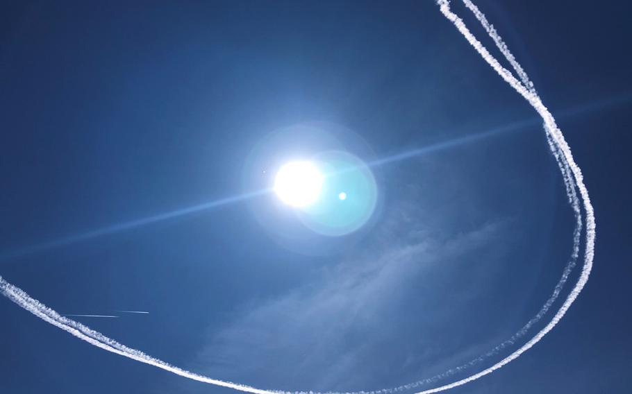 The sky over Kaiserslautern, Germany, shortly after a sonic boom rocked the city, May 7, 2020. The booms heard across the state of Rheinland-Pfalz were German Eurofighter jets breaking the sound barrier during training flights.