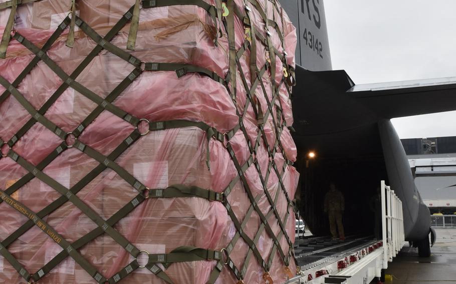 A C-130J Super Hercules assigned to Ramstein Air Base, Germany, picked up 15,000 pounds of medical supplies at Milan, Italy, on Wednesday, May 13, 2020, and delivered them to Rome, where they were to be distributed to hospitals in the region treating coronavirus patients.