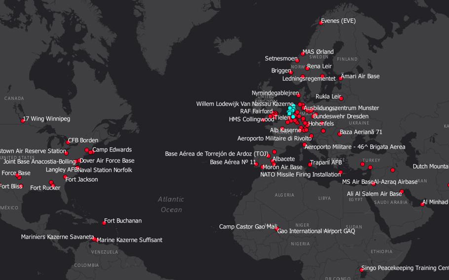 A map of sites visited by Untappd users who were '?loyal patrons'' of military locations within the Netherlands. Open source researchers with the group Bellingcat used the app to find details about users from the military and intelligence communities, said a report released Monday, May 18, 2020.