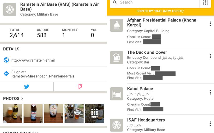 A pair of screenshots from the app Untappd show the venue page for Ramstein Air Base, left, and part of a user?s check-in history showing check-ins at locations in Afghanistan, right. Open source researchers with the group Bellingcat used the app to find details about users from the military and intelligence communities, said a report released Monday, May 18, 2020.