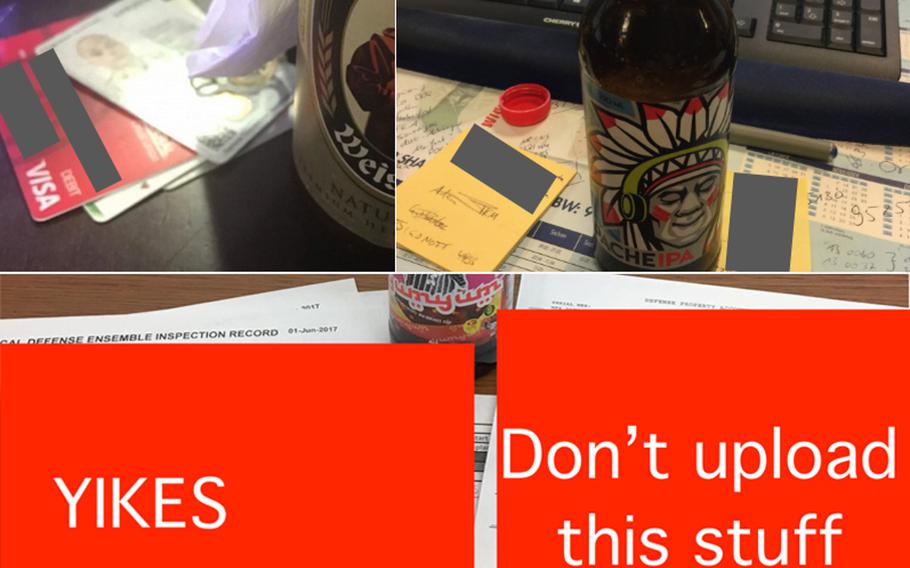 Photos uploaded to the beer-rating app Untappd show a debit card and military ID card, top left, and notes at a desktop, top right. On the bottom is an image showing what researchers said were military documents found on the app's ''venue page'' for Camp Peary, Va. Open source researchers with the group Bellingcat used the app to find details about users from the military and intelligence communities, said a report released Monday, May 18, 2020.