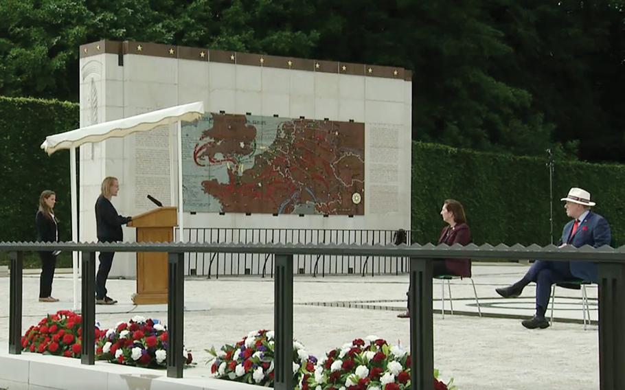A screenshot shows Cecile Jimenez speaking during a Facebook Live stream of the U.S. Embassy in Luxembourg's Memorial Day service at the Luxembourg American Cemetery on Saturday, May 23, 2020. Jimenez, a nurse practitioner, is a medical officer at the embassy and spoke about the sacrifice health care workers make on the front lines of both war and the fight against viruses like COVID-19, the pandemic that forced officials to stream the ceremony online rather than have a large gathering.