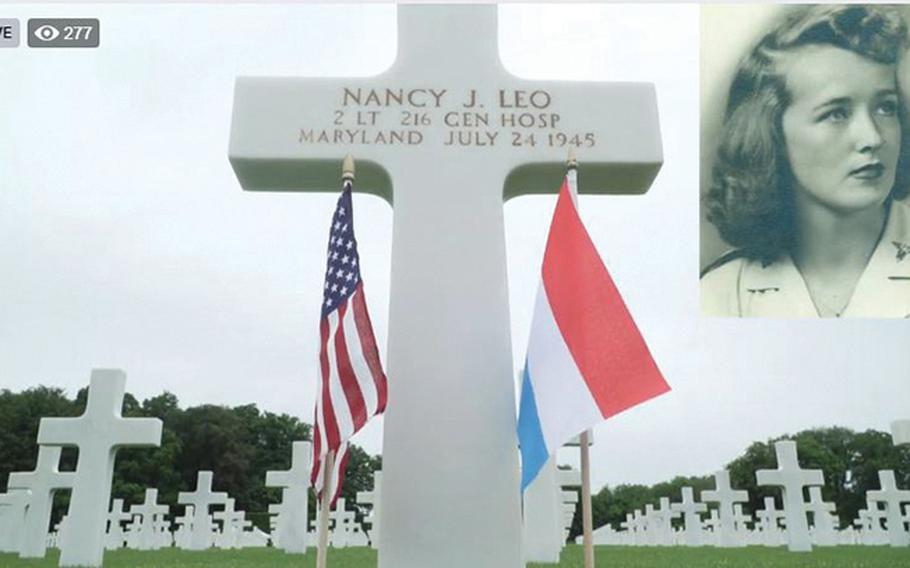 A screenshot shows an image of 2nd Lt. Nancy J. Leo and her grave marker during a Facebook Live stream of the U.S. Embassy in Luxembourg's Memorial Day service at the Luxembourg American Cemetery on Saturday, May 23, 2020. Leo is the only nurse and the only woman buried among the more than 5,000 American service members at the cemetery.