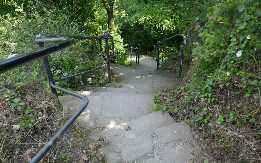 These stairs lead from the Lorelei down to St. Goarshausen on the Rhine River. They are part of the Rheinsteig, a hiking trail that stretches 200 miles from Wiesbaden to Bonn, along the east bank of the Rhine.
