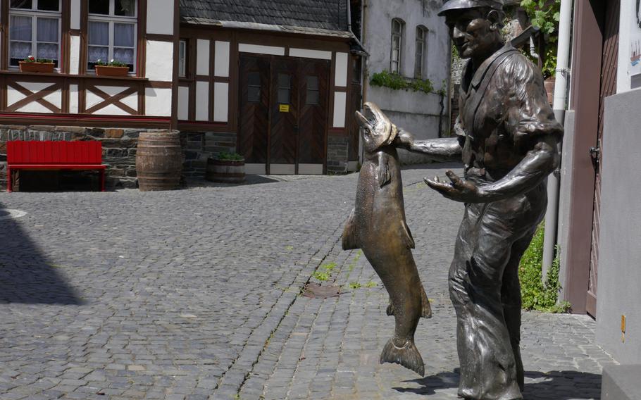 A statue of a salmon fisherman in St. Goarshausen. The town on the Rhine River, in the shadow of the Lorelei, was one of the last places the fish were caught on the Rhine.
