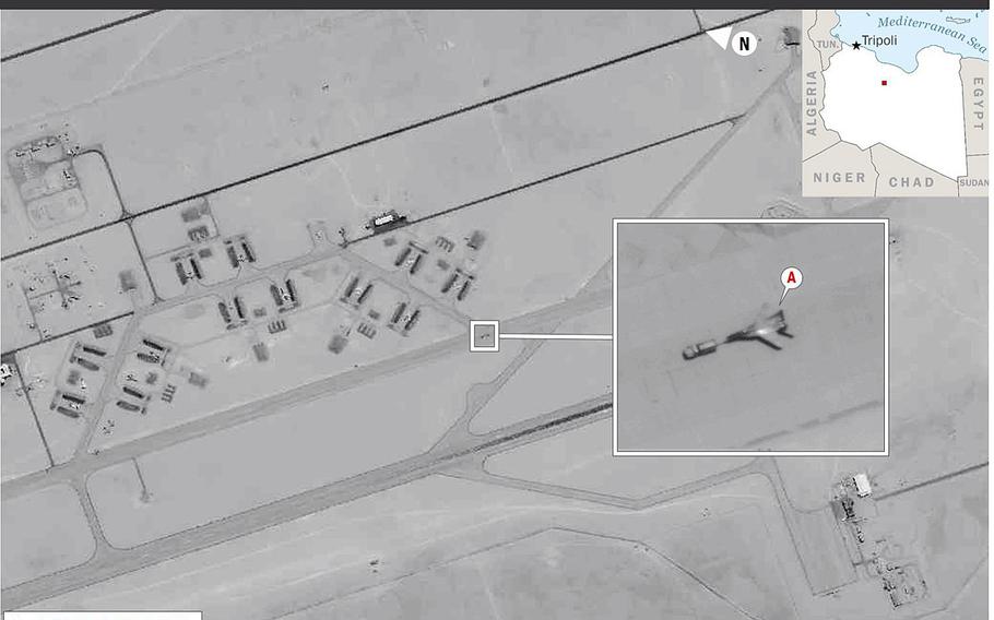 U.S. Africa Command says this photo it released shows a Russian MiG-29 jet at Al Jufra Airfield, Libya, on May 19, 2020. Top U.S. generals say Russia is aiding a warlord and could be trying to gain a long-term foothold in Libya, which would create security concerns for southern Europe.