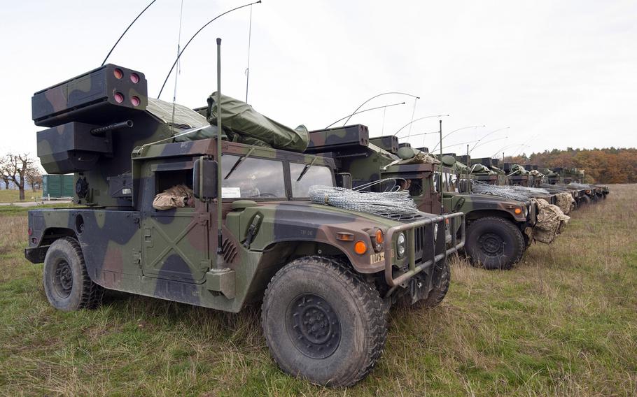 U.S. Soldiers with Charlie Battery, 5th Battalion, 4th Air Defense Artillery Regiment, train at the Oberdachstetten Local Training Area, Germany, Nov. 12, 2019. In a Pentagon plan to reduce troops in Germany, an Army air defense artillery battalion is to be moved to Belgium.