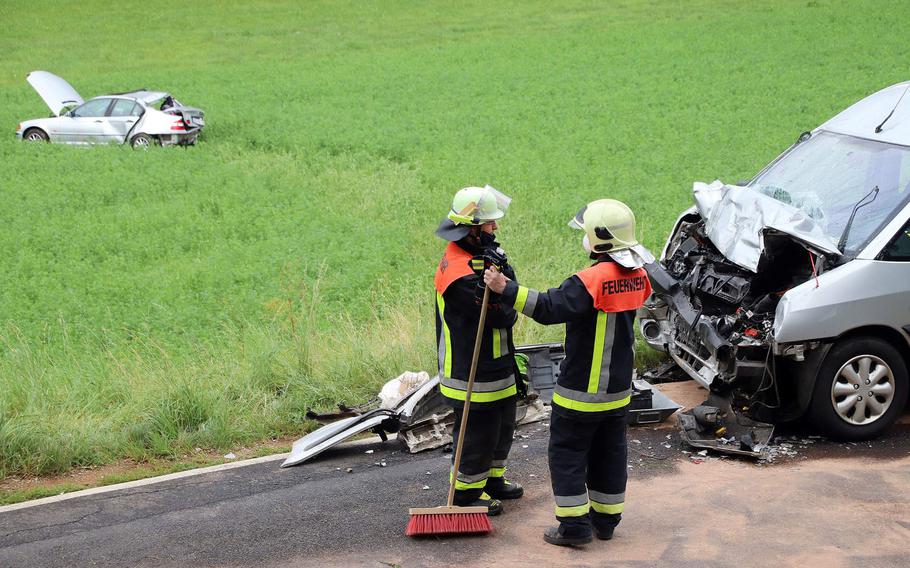 The BMW belonging to a Vilseck-based soldier ended up in a field after skidding and slamming into a Citroen carrying a family of three on a Bavarian country road on Aug. 4, 2020. The soldier and two adults in the Citroen were injured slightly in the accident, but a baby was unharmed, German police said.