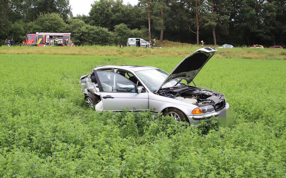 An American soldier's BMW was totaled in an accident on Tuesday, Aug. 4, 2020, on a country road in Bavaria. The soldier could face criminal charges for the accident, which he is accused of causing.