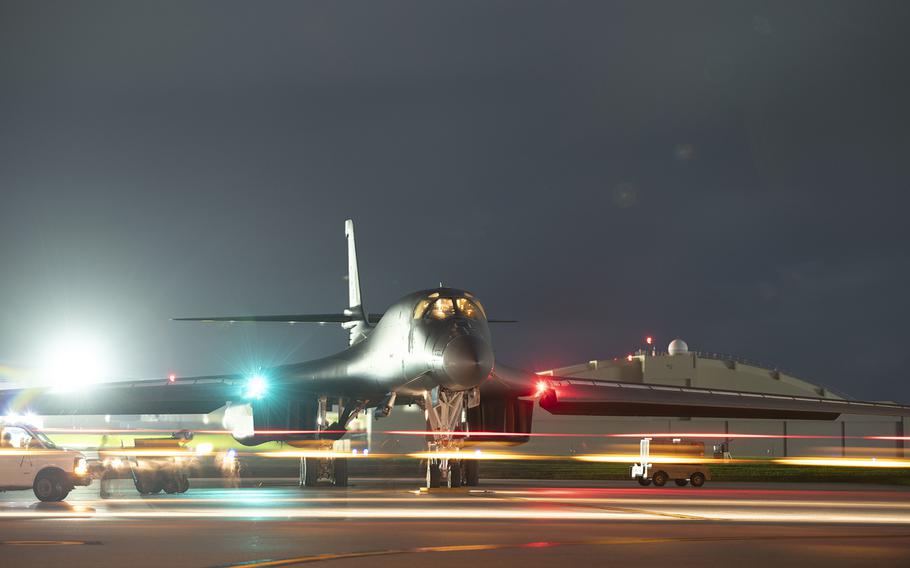 A B-1B Lancer rests on the flight line at Andersen Air Force Base, Guam, Aug. 6, 2020.