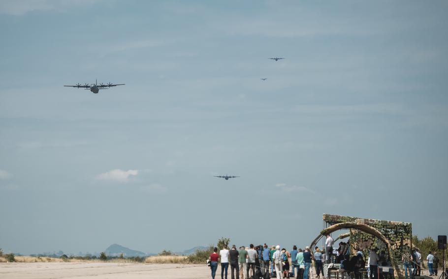 A U.S. C-130J Super Hercules aircraft assigned to the 37th Airlift Squadron and Bulgarian C-27J Spartan aircraft approach the drop zone during Thracian Summer 2020 at Cheshnegirovo landing zone, Bulgaria, Aug. 19, 2020. The aircraft dropped container delivery systems and Bulgarian air force parajumpers.