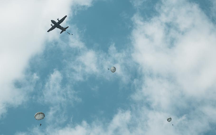 A Bulgarian C-27J Spartan aircraft transports and drops Bulgarian air force parajumpers during the Thracian Summer exercise at Cheshnegirovo landing zone, Bulgaria, Aug. 19, 2020.