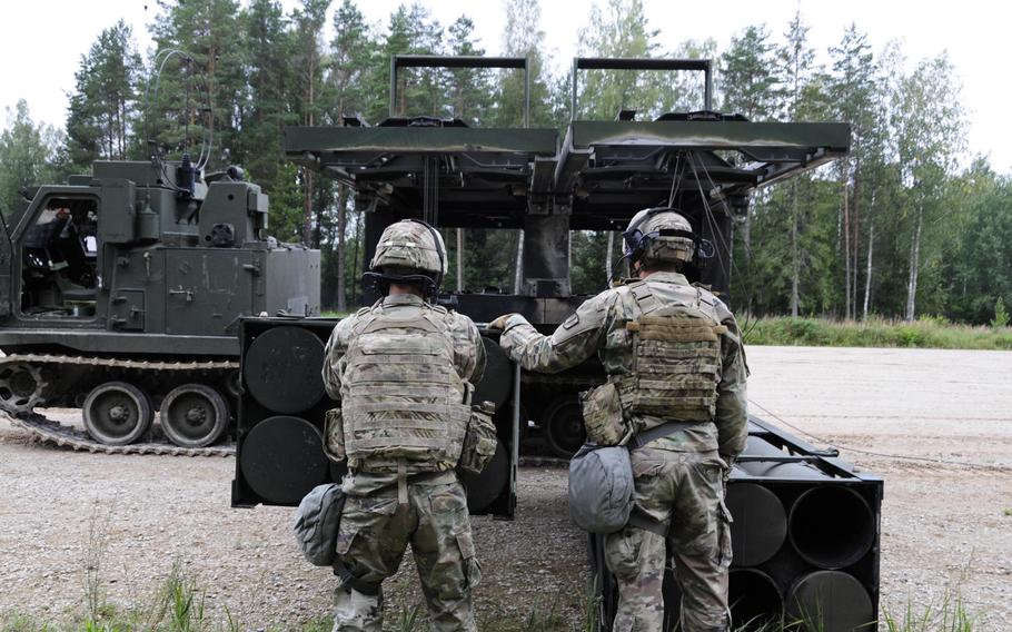 Soldiers assigned to Bravo Battery, 1st Battalion, 6th Field Artillery Regiment load training rounds into their multiple launch rockets system during a NATO live-fire exercise in Tapa, Estonia Sept. 5, 2020. The exercise, conducted just 70 miles from Estonia's border with Russia, has riled Moscow but reassured the Baltic states that the U.S. is committed to their security, Estonian Defense Minister Jueri Luik said.