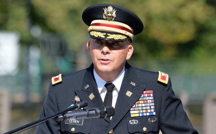 Col. Douglas Levien, 21st Theater Sustainment Command deputy commander, was the speaker at the  9/11  remembrance ceremony hosted by the 21st TSC in Kaiserslautern, Germany, Sept. 11, 2020.