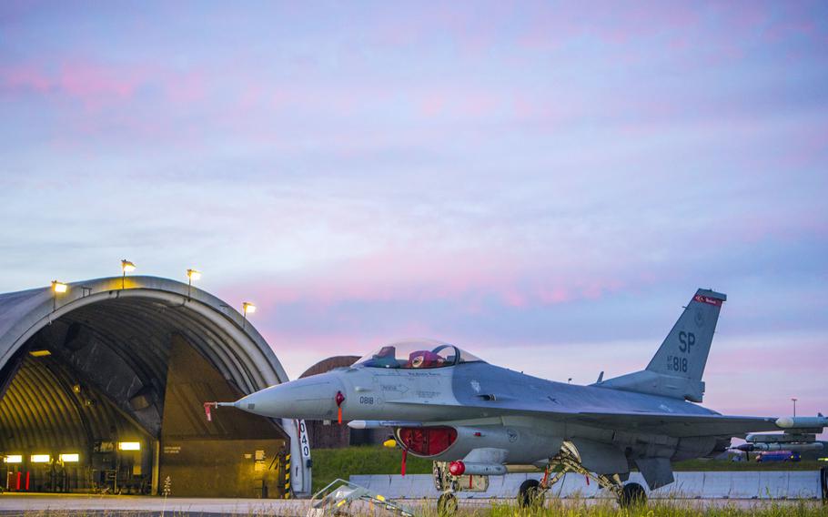 A U.S. Air Force F-16 Fighting Falcon, assigned to the 480th Fighter Squadron rests on the flight line at Spangdahlem Air Base, Germany, May 8, 2020. USAFE-AFAFRICA commander Gen. Jeffrey Harrigian said Monday, Sept. 14, 2020, that moving Spangdahlem's 480th Fighter Squadron from Germany to Aviano Air Base, Italy, could take some time.