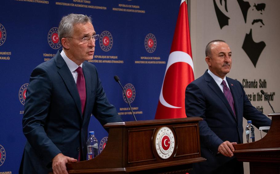 NATO Secretary-General Jens Stoltenberg and Turkish Foreign Minister Mevlut Cavusoglu address reporters at a press conference in Ankara, Turkey, Oct. 5, 2020, as Stoltenberg began a two-day visit to the key ally.