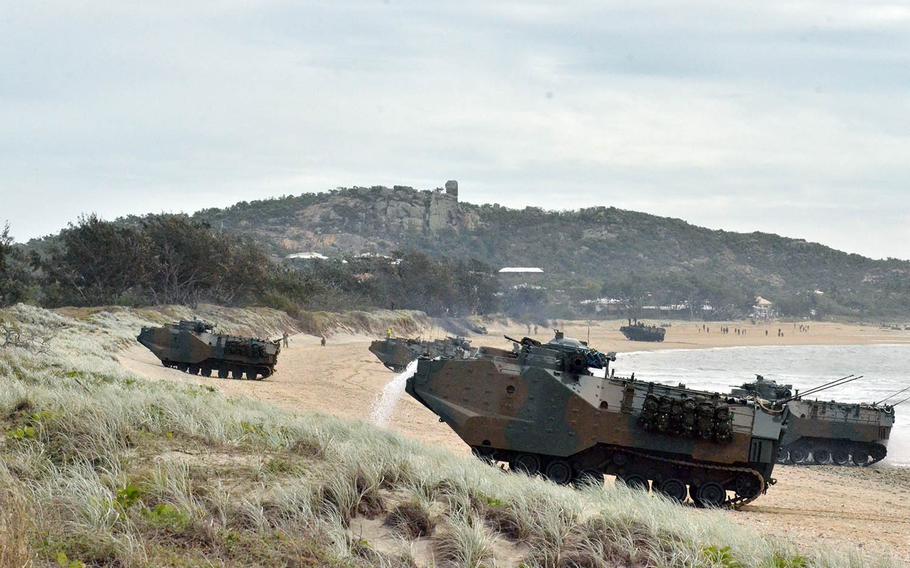 Japanese amphibious assault vehicles land at Kings Beach, Australia, during the Talisman Sabre exercise, July 22, 2019.