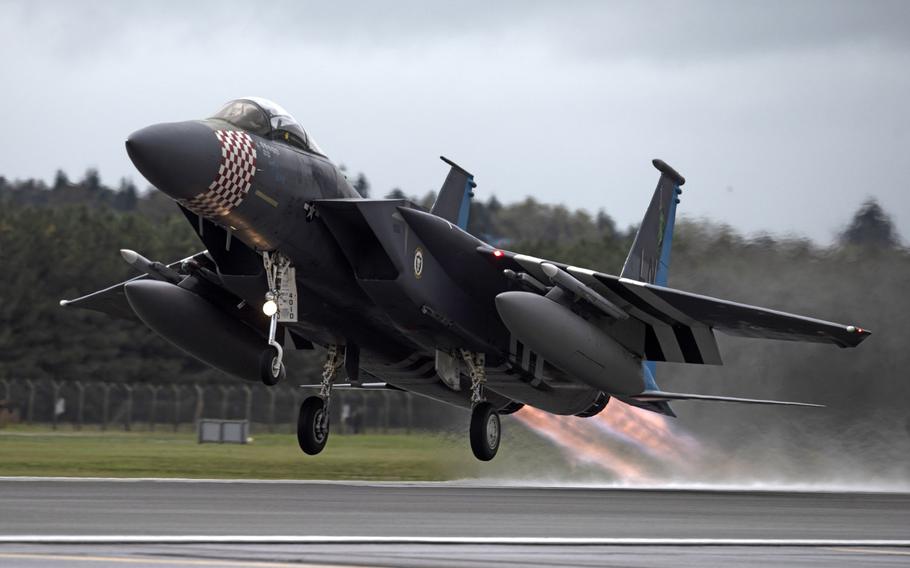 A U.S. Air Force F-15C Eagle, assigned to the 493rd Fighter Squadron, departs RAF Lakenheath, England, for Keflavik, Iceland, on Oct. 8, 2020. The U.S. Air Force this week took over the NATO air policing mission in Iceland, operating out of Keflavik.