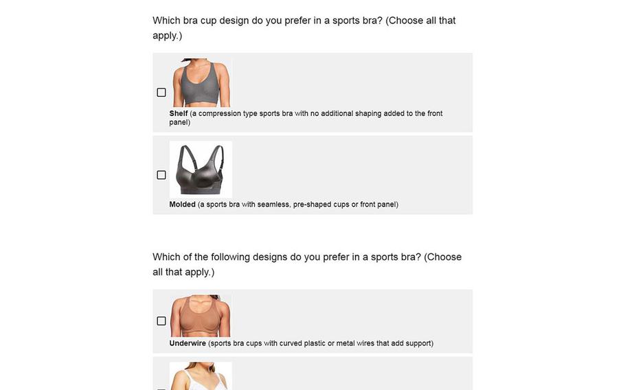 A screenshot of an Army survey seeking input from female soldiers for improving the selection of athletic bras available to women entering the service or preparing to deploy. Officials say it is part of a push for more female-specific gear within the service as growing numbers of women take on combat arms roles.