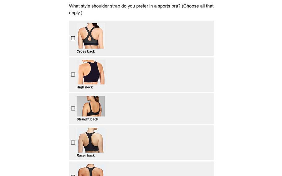 A screenshot of an Army survey seeking input from female soldiers for improving the selection of athletic bras available to women entering the service or preparing to deploy. Officials say it is part of a push for more female-specific gear within the service as growing numbers of women take on combat arms roles.