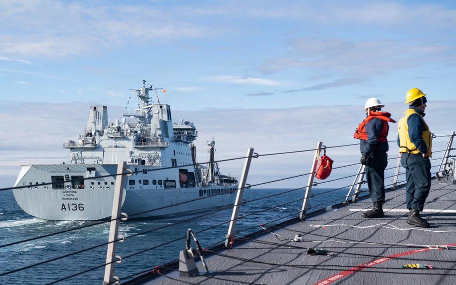 Sailors assigned to the guided-missile destroyer USS Ross  approach the British tanker RFA Tidespring for a replenishment-at-sea in the Barents Sea, Sept. 9, 2020. The ship has returned to the Arctic, marking the third time this year that U.S. Navy destroyers have operated in the Barents Sea.