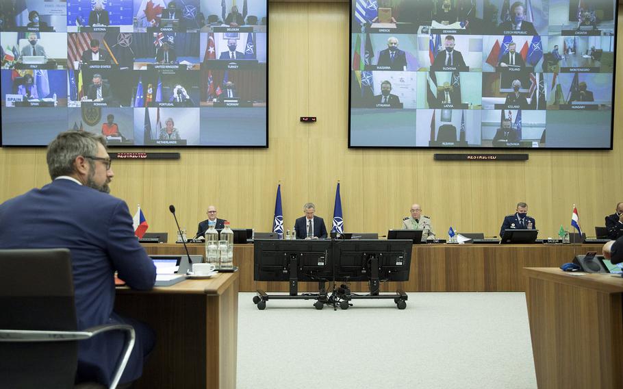 The North Atlantic Council meets with NATO defense ministers via teleconference on Oct. 22, 2020, at the alliance's headquarters in Brussels, Belgium.