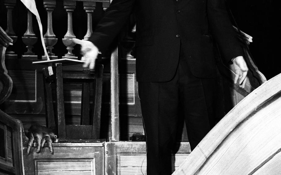 Comedian Jonathan Winters, during a rehearsal of a Holiday on Ice show at the Festhalle in Frankfurt, Germany, in January, 1967.