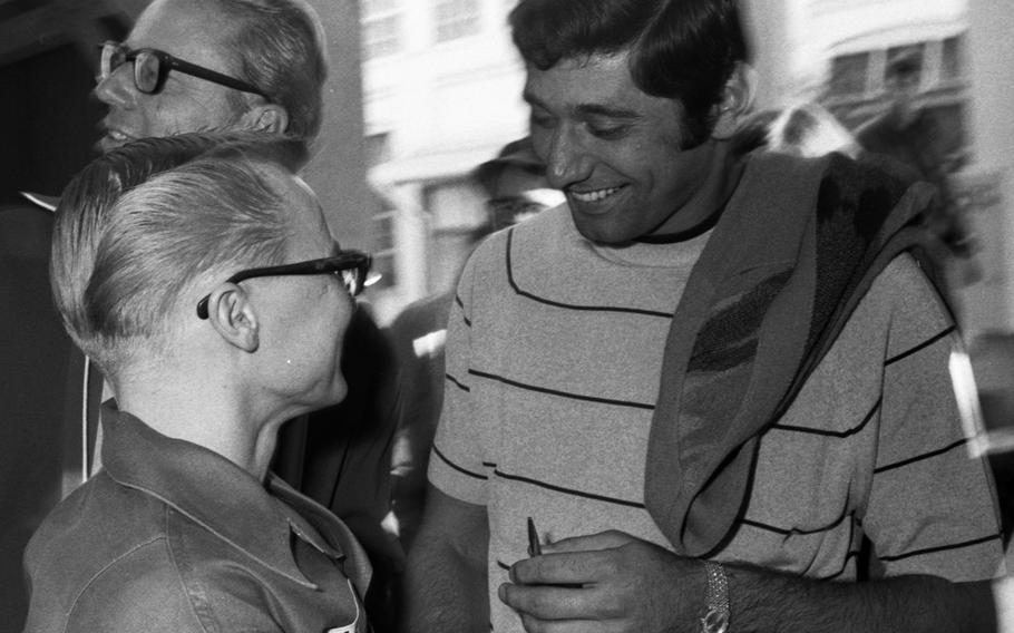 Joe Namath talks with soldiers at the U.S. Army Hospital on Camp Oji, Japan, in January, 1969.