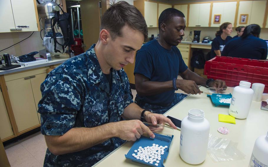 Hospital Corpsman 3rd Class Kory Alliton and Hospital Corpsman 3rd Class Roy Lightner package medications in preparation for the next mission stop aboard Military Sealift Command hospital ship USNS Comfort on July 24, 2015. The Defense Department has warned Congress that by the end of this week its health care system could run out of money to provide outside treatment for troops and dependents.