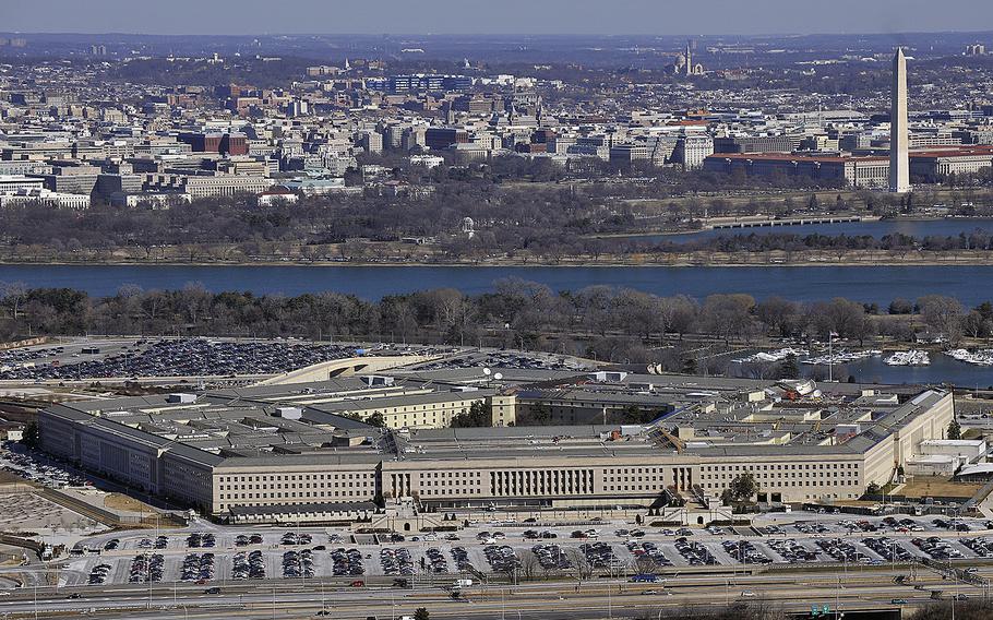 The Pentagon with the Washington Monument and National Mall in the background.