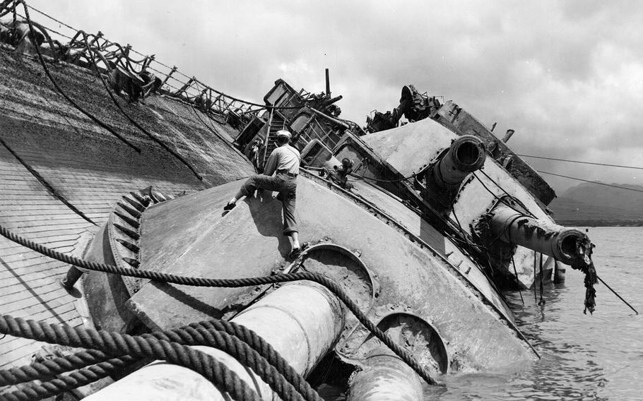 The USS Oklahoma was sunk by several bombs and torpedoes during the Japanese attack on Pearl Harbor, Hawaii. A total of 429 crew died when the ship capsized. The Oklahoma was righted and salvaged in 1943, and the remains of many crew members were recovered. However, unlike most of the other battleships that were recovered following Pearl Harbor, Oklahoma was too damaged to return to duty. She was eventually stripped of her remaining armaments and superstructure before being sold for scrap in 1946.