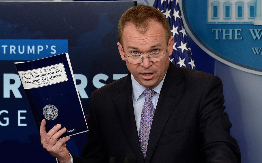 Then-Office of Management and Budget Director Mick Mulvaney speaks during a press briefing about  President Donald Trump’s 2018 budget proposal that included boosts for military, on May 23, 2017 in Washington.