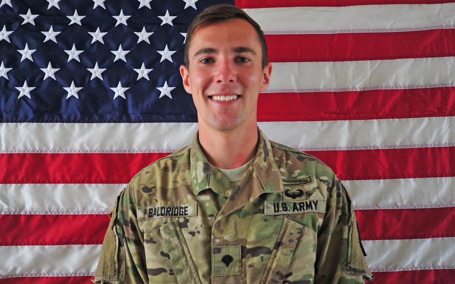 Cpl. Dillon C. Baldridge, pictured here as a specialist, was killed in a green-on-blue attack in Afghanistan on Saturday, June 10, 2017. 