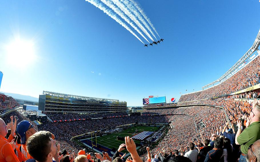 The Blue Angels perform a flyover during the singing of the national anthem before the start of Super Bowl 50 at Levi's Stadium in Santa Clara, Calif., on Sunday, Feb. 7, 2016.