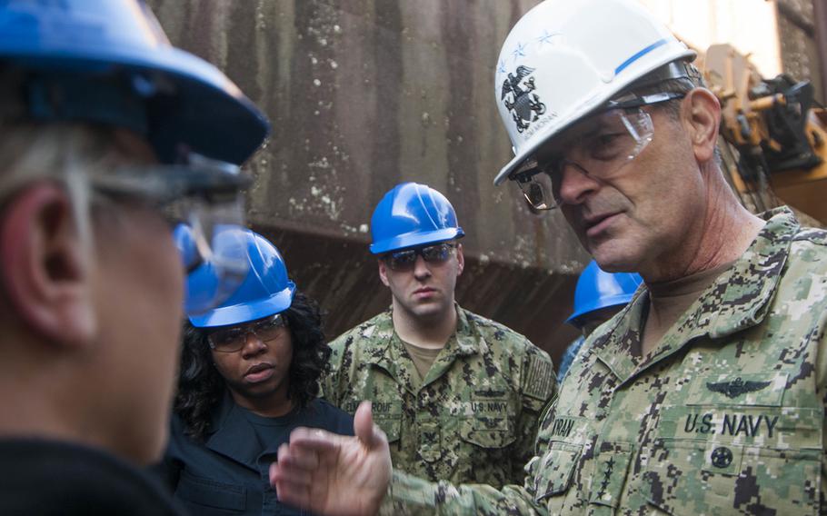 U.S. Navy Adm. Bill Moran, the vice chief of naval operations, speaks with sailors assigned to the Nimitz-class aircraft carrier USS George Washington on Jan. 10, 2018. Moran said Wednesday that the Navy is addressing new policy reforms in the wake of the “Fat Leonard” fraud and corruption scandal.