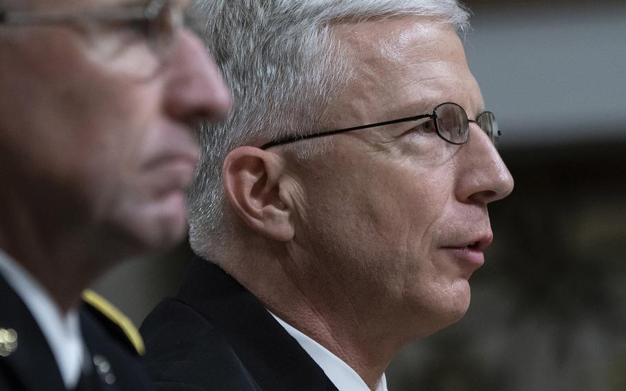 Vice Adm. Craig S. Faller, nominee to serve as commander of U.S. Southern Command, answers a question during a Senate Armed Services Committee confirmation hearing on Capitol Hill, Sept. 25, 2018. At left is Gen. Robert B. Abrams, nominee to serve as the next commander of U.N. Command, Combined Forces Command and U.S. Forces Korea.