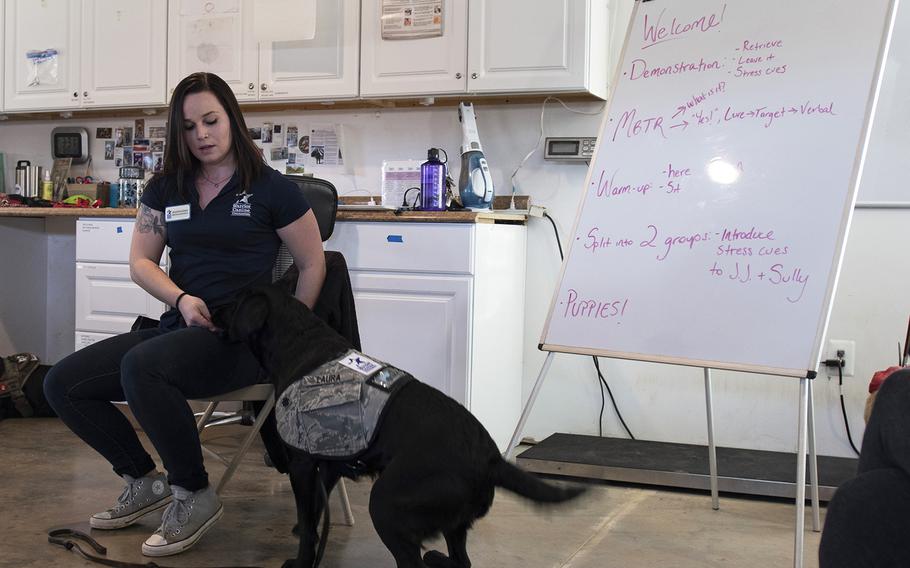 Jennifer Blessing shows the cast of the new TV show "The Village" about service dogs and their role helping veterans during a visit to Warrior Canine Connection on Nov. 10, 2018. The show will air in 2019. 