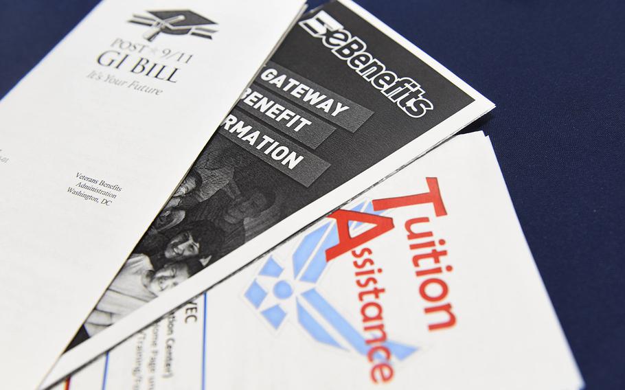 Pamphlets regarding educational benefits are displayed as part of the 2018 Fairchild Air Force Base Education Fair at Fairchild Air Force Base, Washington, Oct. 18, 2018. 