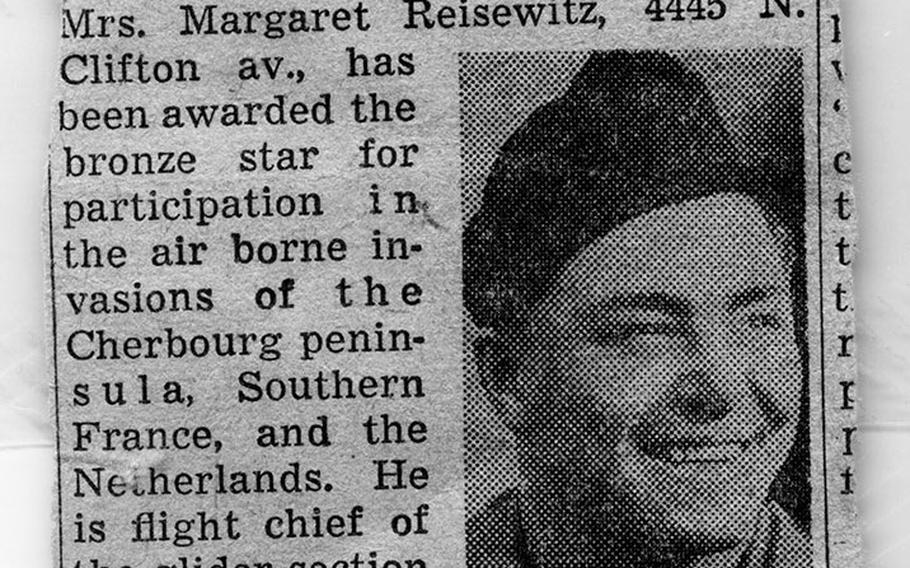 A clipping from a Chicago newspaper announces Ben Reise’s bronze star, which he received for his role in the air borne invasions of Southern France and the Netherlands during World War II.
                