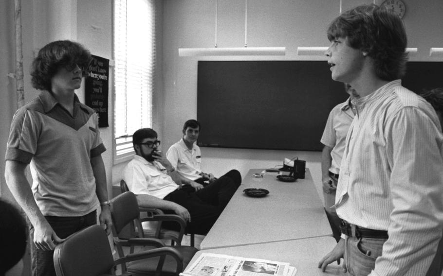 Actor Mark Hamill visits his alma mater, Yokosuka Naval Base's Nile C. Kinnick High School, in June, 1978.