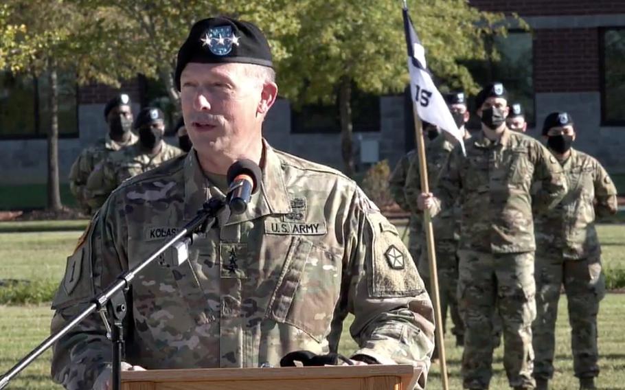  Lt. Gen. John Kolasheski, V Corps commanding general, speaks at the unit's activation ceremony Oct. 16, 2020, at Fort Knox, Ky.
                