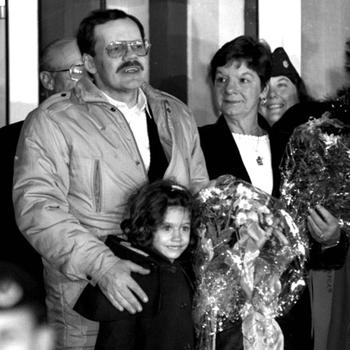 Terry Anderson is reunited with his sister, Peggy Say, while meeting his daughter, Sulome, for the first time. Sulome was born three months after Anderson was taken hostage.