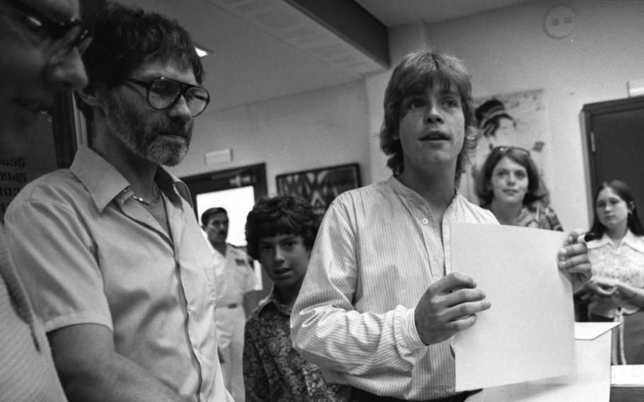 Actor Mark Hamill visits his alma mater, Yokosuka Naval Base's Nile C. Kinnick High School, in June, 1978.